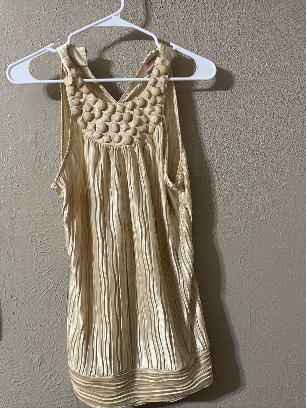 Y2K champagne Pleated Sleeveless Top with beaded collar McBling embellished